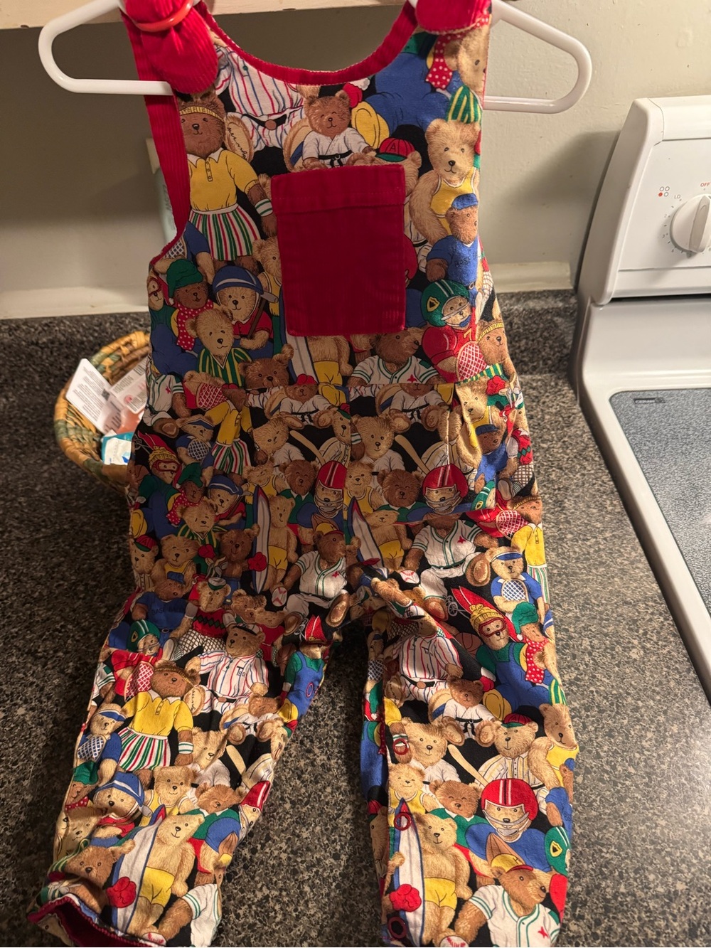VTG Little Boys Handmade Red Teddy Bear Print Overalls